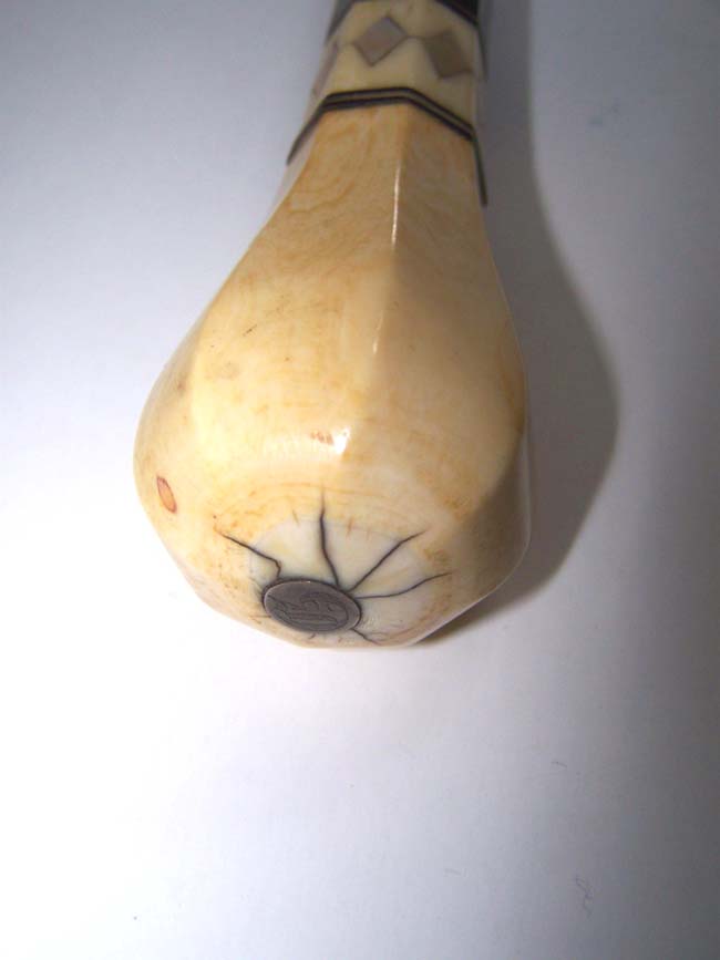A 19th century Ebonized Walking Stick with ANTIQUE SCRIMSHAW carved Whale Ivory Knob, Baleen Spacers and Mother-of-pearl inlays. — image 2